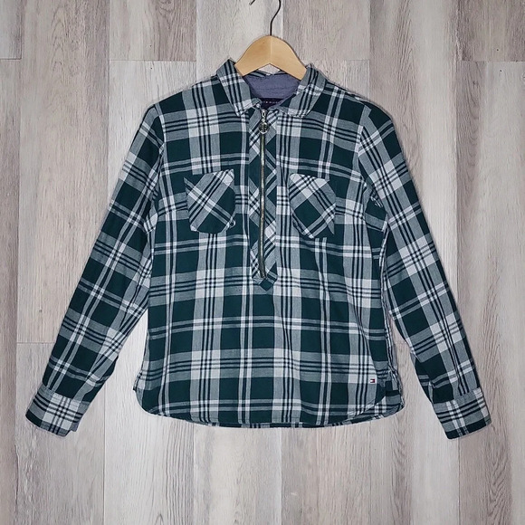 🛍Tommy Hilfiger Womens Small Green Plaid‎ Roll Tab Sleeve Half Zip Collared Top - Picture 1 of 10